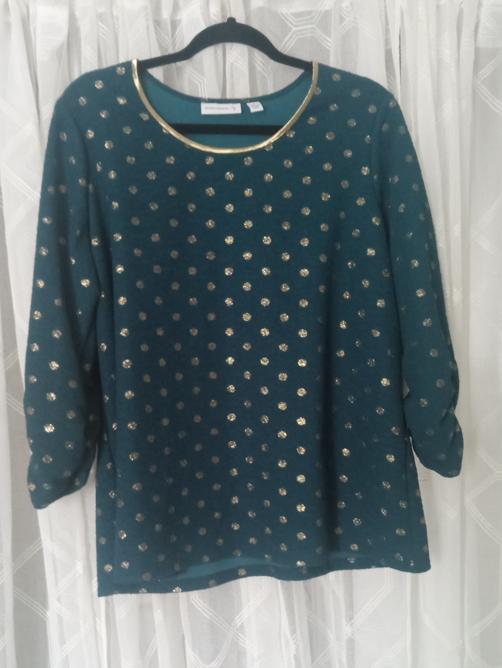Susan Graver Teal Textured Top with Metallic Gold Dot Accents and Trim Size XL